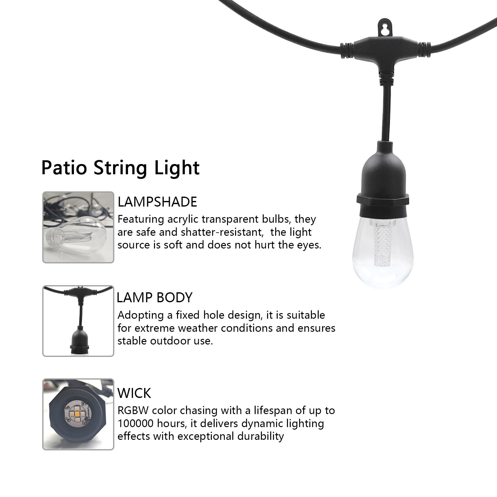 HRSYT IP65 Waterproof DC12V/DC24V RGBW String Bulb Light - Smart App Remote Control Outdoor Patio Ch